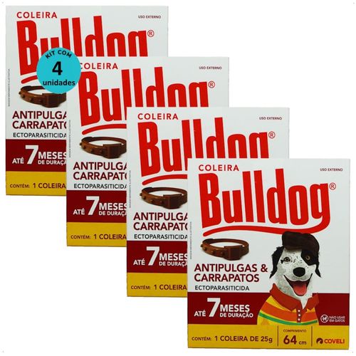 COLEIRA ANTIPULGAS E CARRAPATOS BULLDOG 7 COM 64CM E 25G PARA CÃES COVELI KIT COM 4